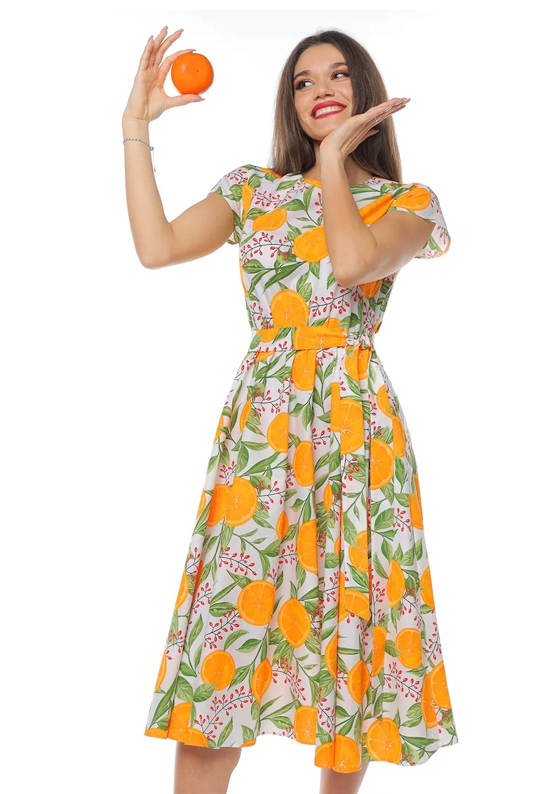 Rochie midi cu croiala evazata si maneci scurte, Portocaliu/Verde pal