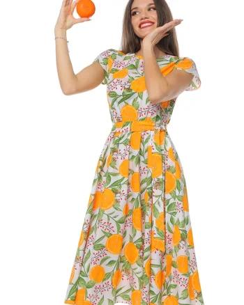 Rochie midi cu croiala evazata si maneci scurte, Portocaliu/Verde pal