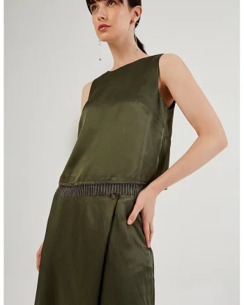 Bluza cu franjuri, fara maneci, Kaki