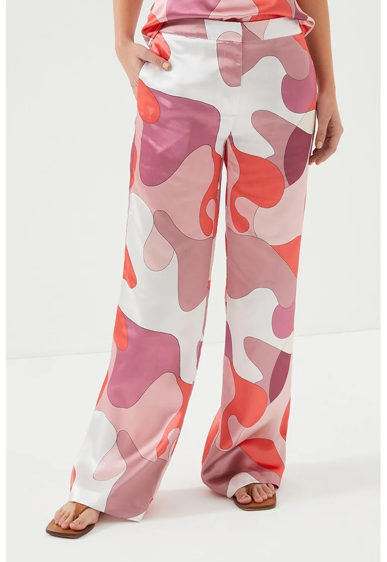 Pantaloni drepti cu model abstract, Alb/Portocaliu/Roz