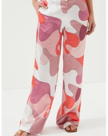 Pantaloni drepti cu model abstract, Alb/Portocaliu/Roz