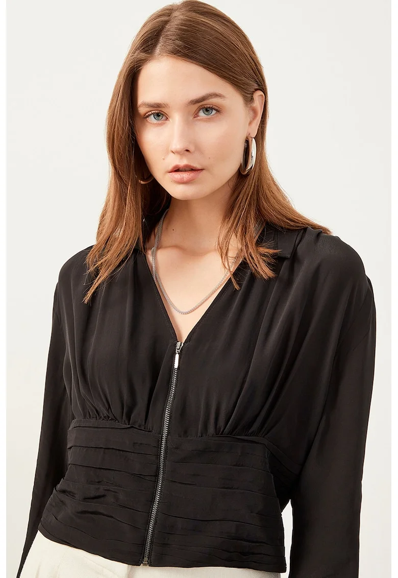 Bluza cu decolteu in V si fermoar, Negru
