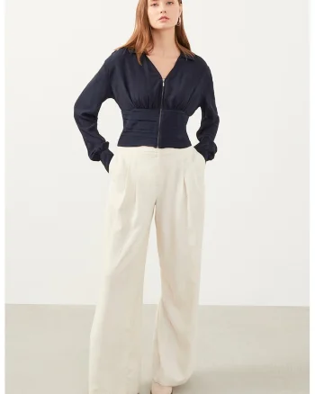 Bluza cu decolteu in V si fermoar, Bleumarin