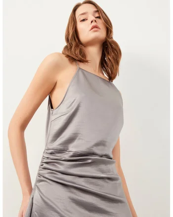Rochie maxi cu aspect satinat, Gri