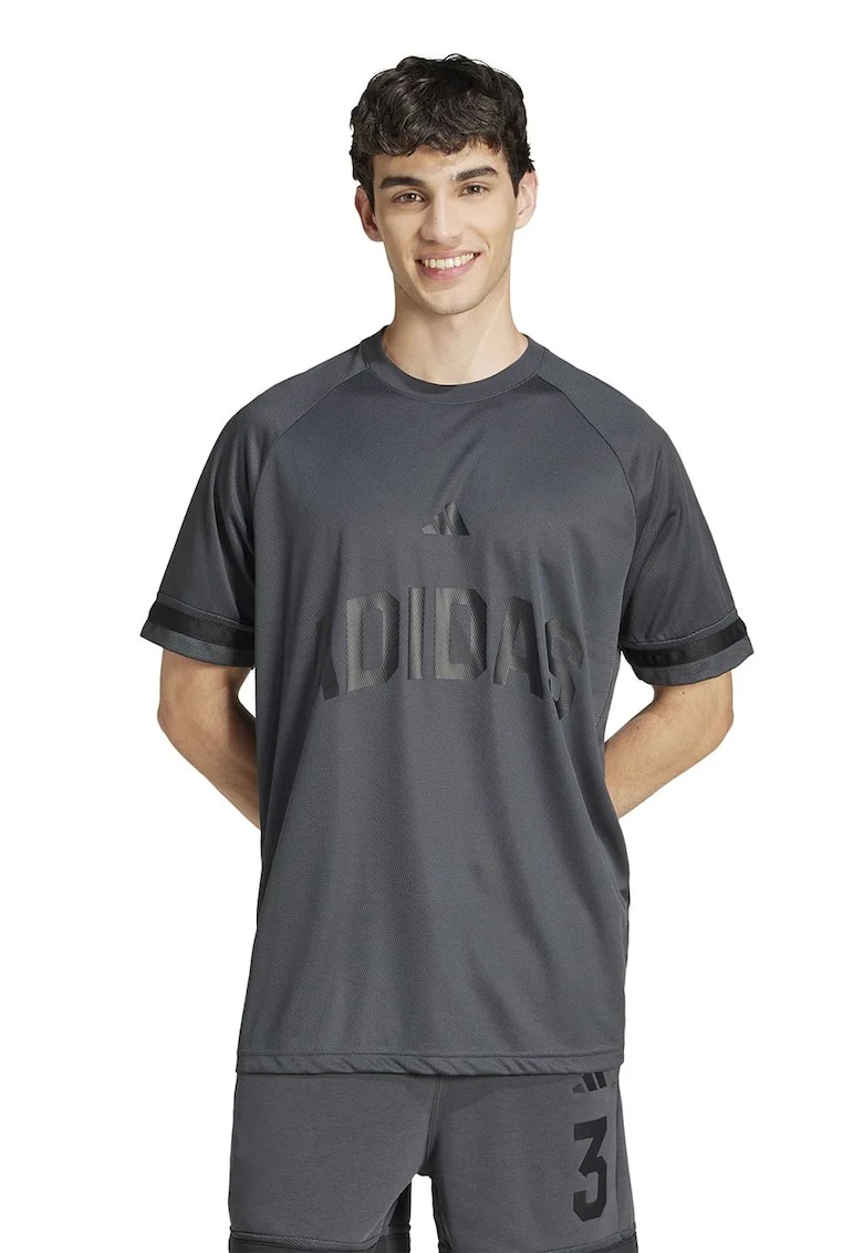 Tricou cu logo si decolteu la baza gatului, Gri inchis