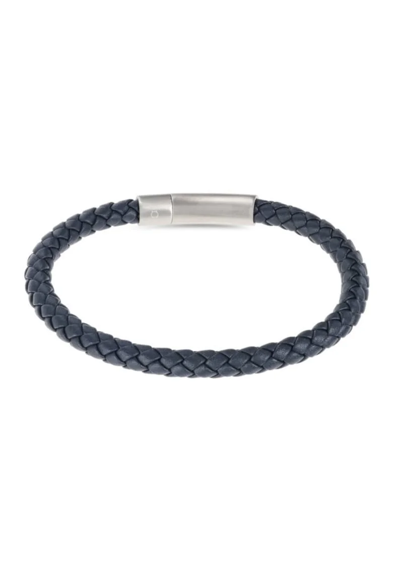 Bratara din piele cu aspect impletit,  Men Fusion, Bleumarin, Argintiu