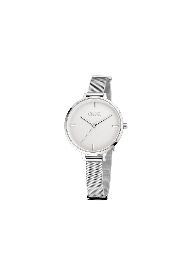 Ceas rotund analog cu bratara ingusta tip mesh, Argintiu