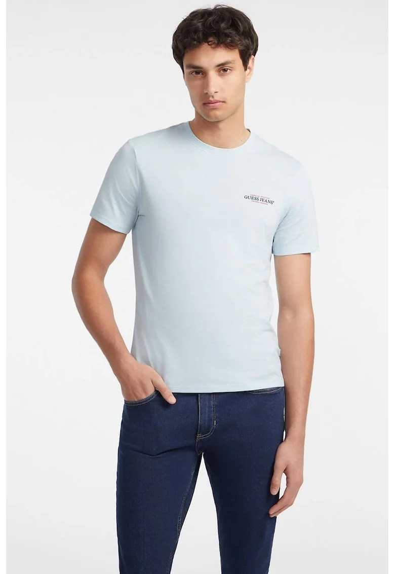 Tricou slim fit cu decolteu la baza gatului, Albastru glaciar