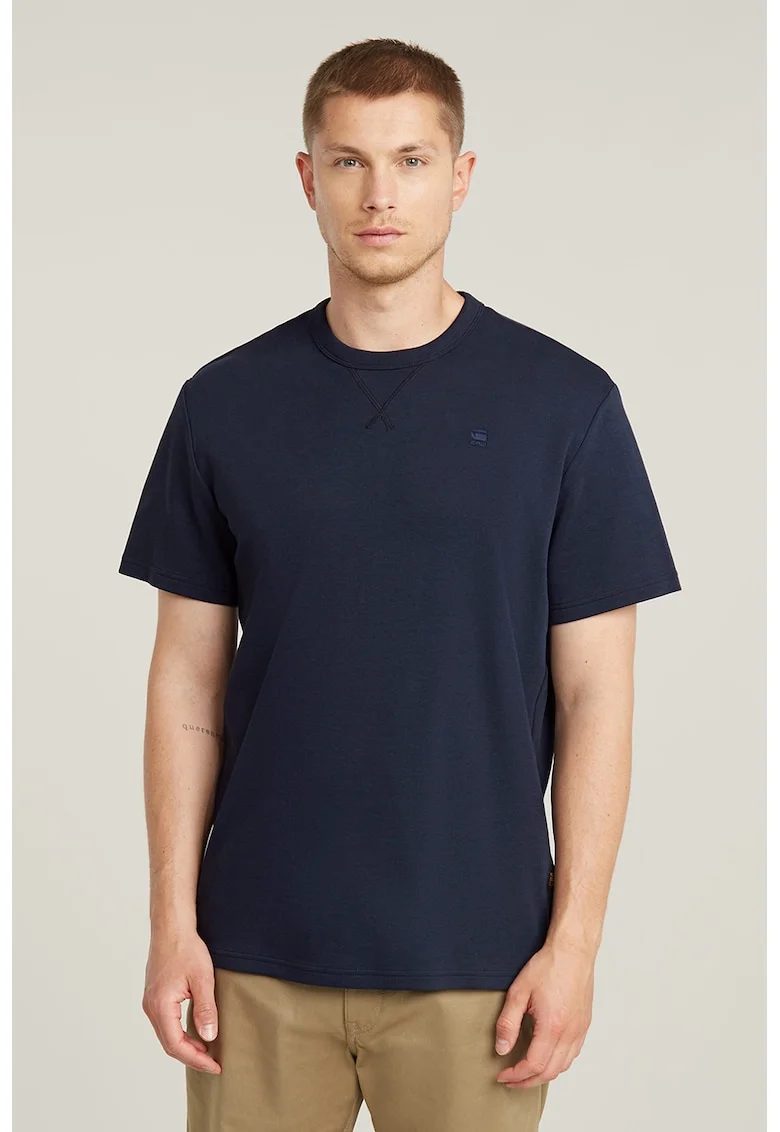 Tricou de bumbac organic cu decolteu la baza gatului, Bleumarin