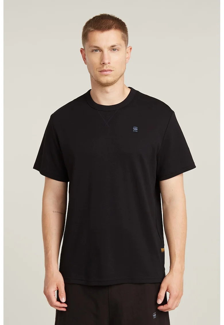 Tricou de bumbac organic cu decolteu la baza gatului, Negru