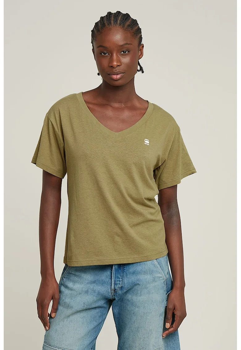 Tricou cu decolteu in V si logo, Verde masliniu