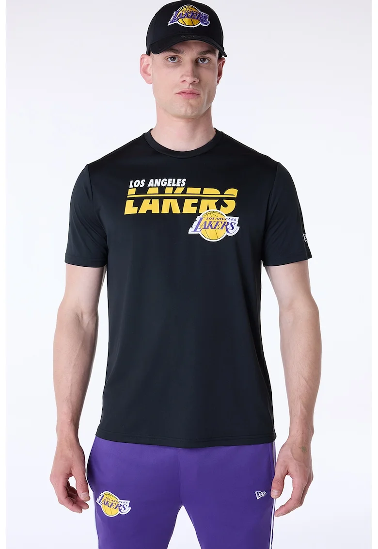 Tricou cu imprimeu si decolteu la baza gatului, Negru/Galben pal/Alb optic