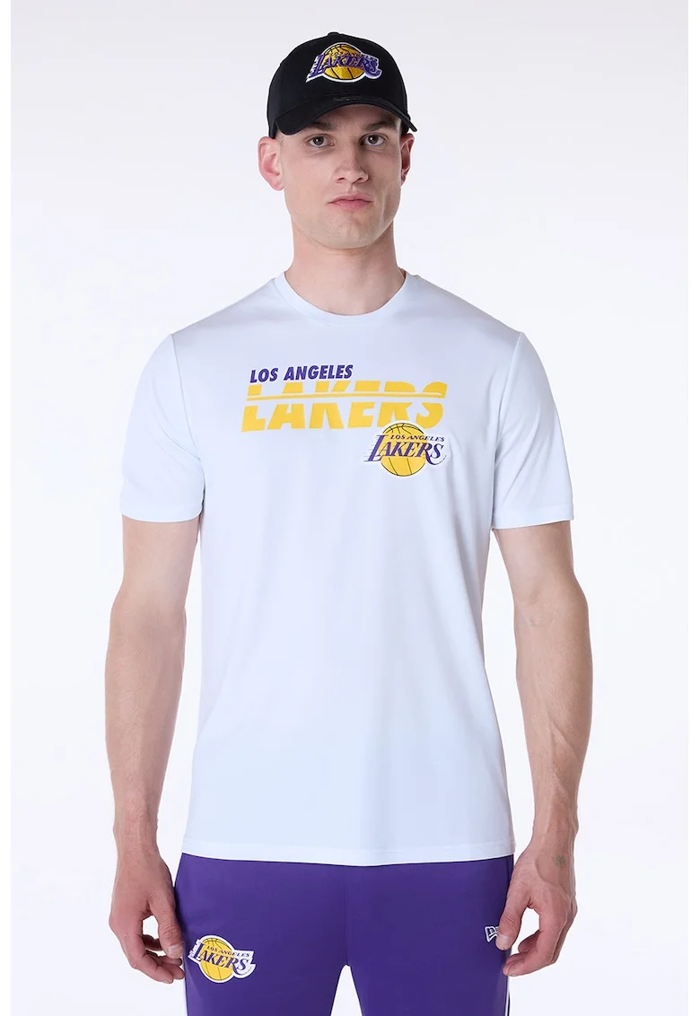 Tricou cu imprimeu logo si decolteu la baza gatului, Galben sofran/Alb optic/Albastru indigo