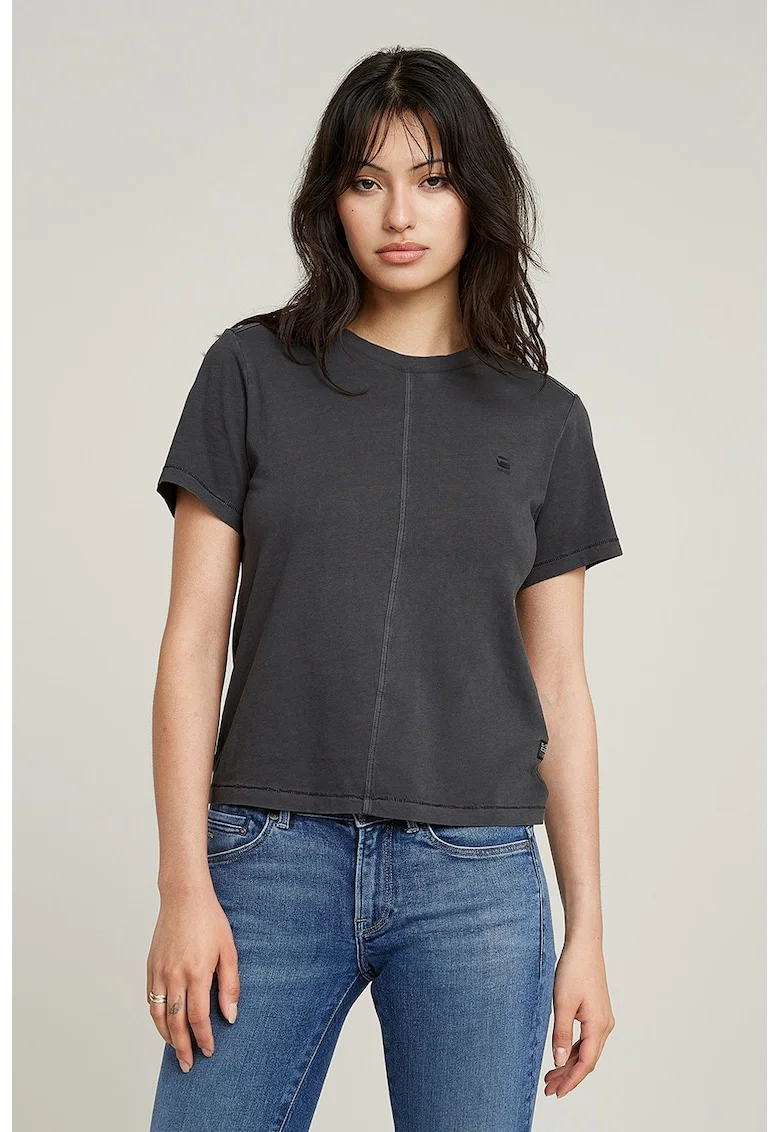 Tricou de bumbac organic cu decolteu la baza gatului, Gri inchis