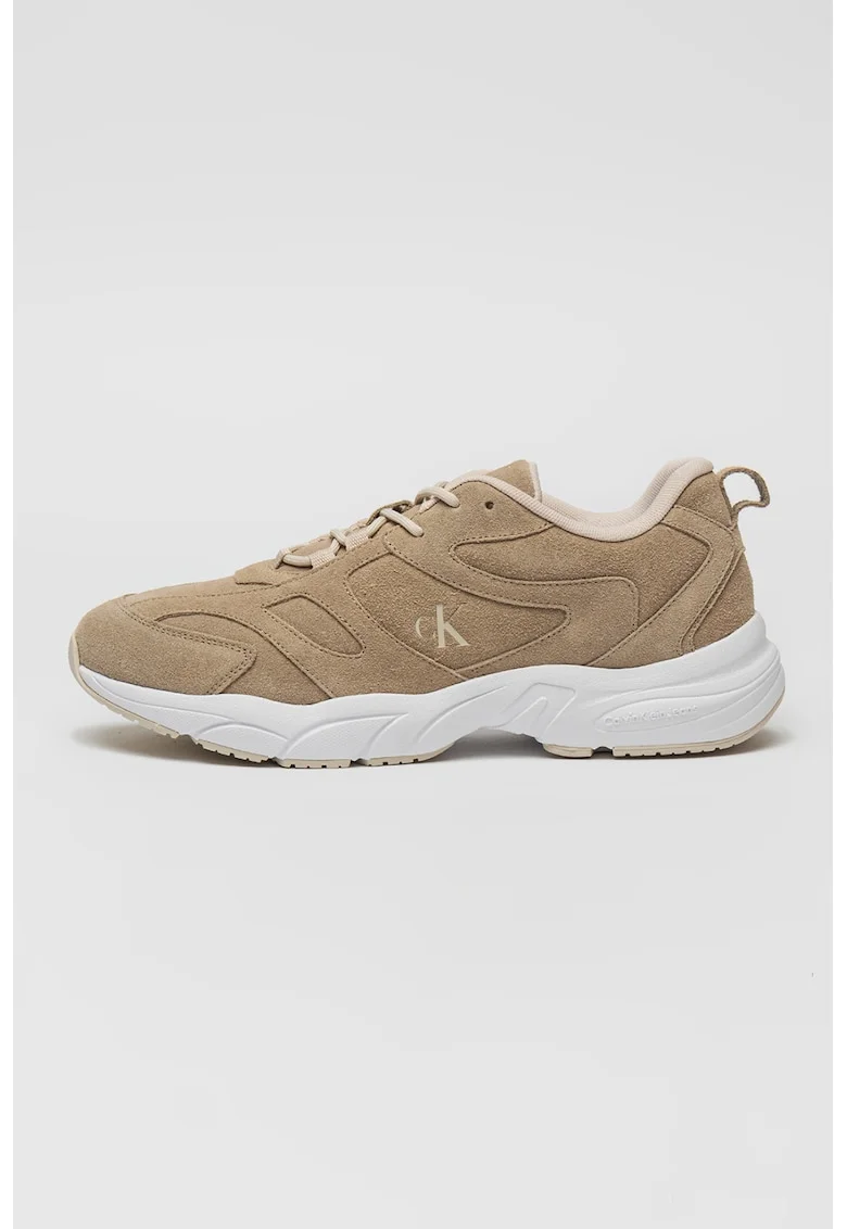 Pantofi sport din piele intoarsa cu logo, Maro taupe deschis