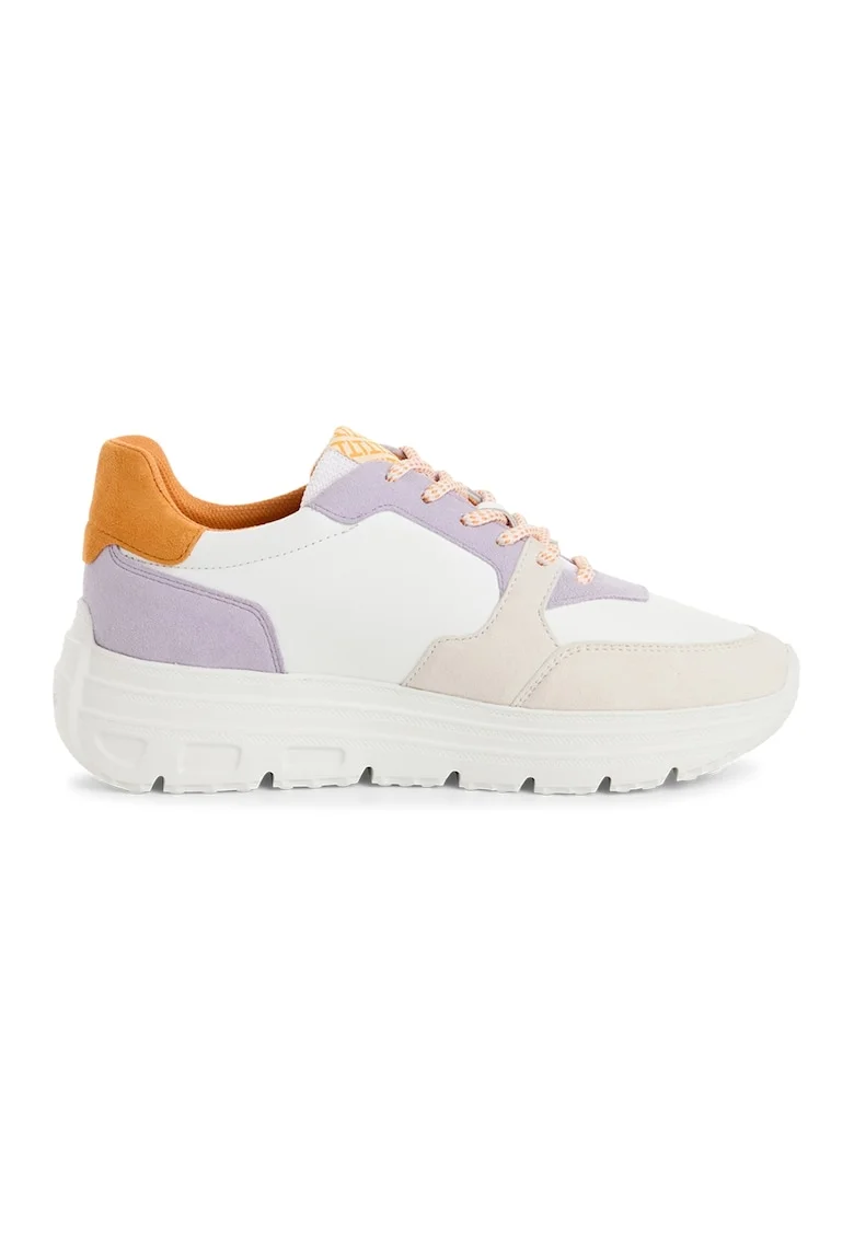 Pantofi sport cu insertii de piele intoarsa, Alb/Portocaliu/Violet deschis
