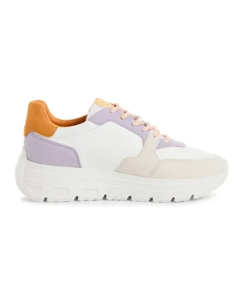 Pantofi sport cu insertii de piele intoarsa, Alb/Portocaliu/Violet deschis
