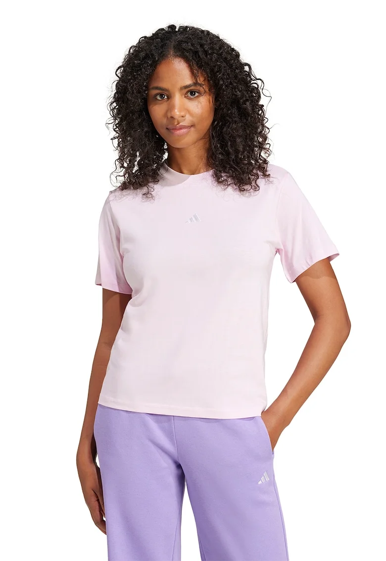 Tricou cu decolteu lrotund si logo discret, Roz pal