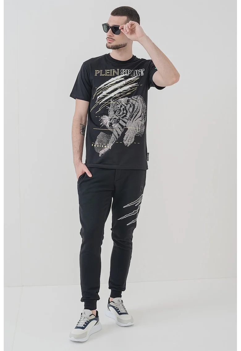 Tricou din bumbac cu logo si decolteu la baza gatului, Negru/Argintiu