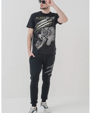 Tricou din bumbac cu logo si decolteu la baza gatului, Negru/Argintiu