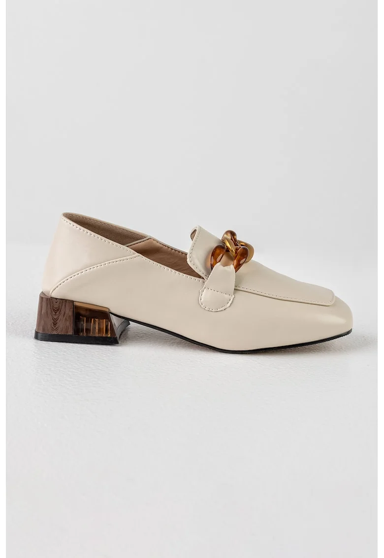 Pantofi loafer cu toc si lant decorativ, Auriu/Bej deschis