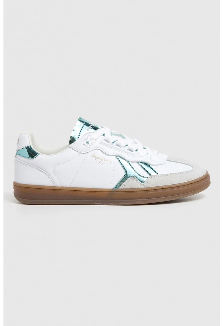 Pantofi sport din piele cu insertii din piele intoarsa, Alb/Verde/Gri deschis
