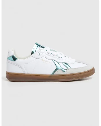 Pantofi sport din piele cu insertii din piele intoarsa, Alb/Verde/Gri deschis
