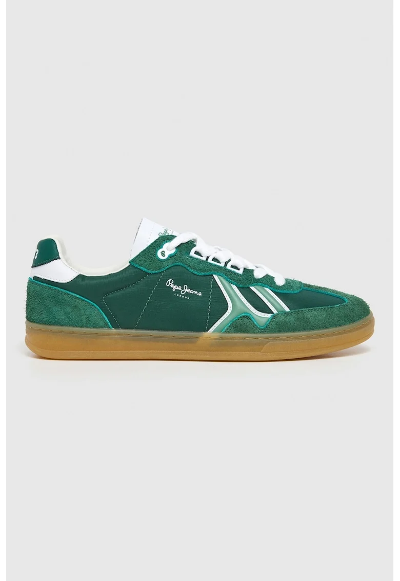 Pantofi sport low-cut cu garnituri din piele intoarsa, Alb/Verde