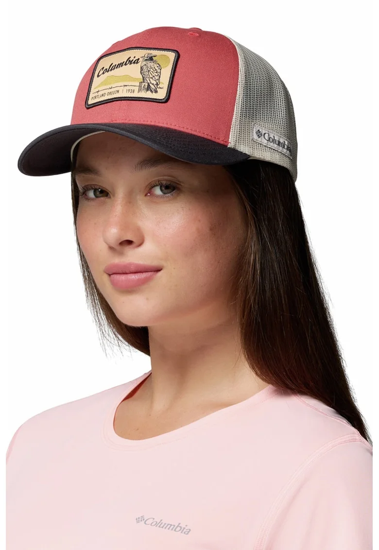 Sapca trucker cu capsa pe partea din spate si model unisex pentru drumetii Mesh™, Albastru ultramarin/Alb murdar/Rosu capsuna