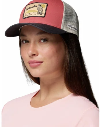 Sapca trucker cu capsa pe partea din spate si model unisex pentru drumetii Mesh™, Albastru ultramarin/Alb murdar/Rosu capsuna