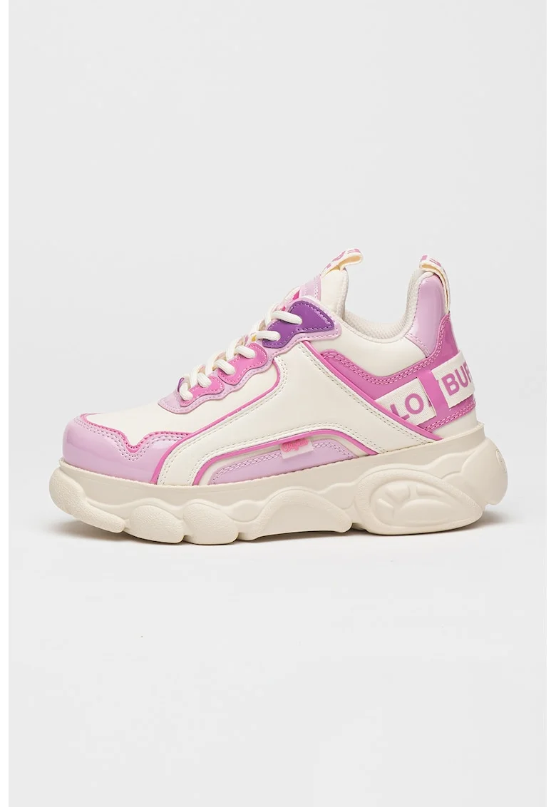 Pantofi sport de piele ecologica cu logo, Roz fandango/Lila/Alb murdar