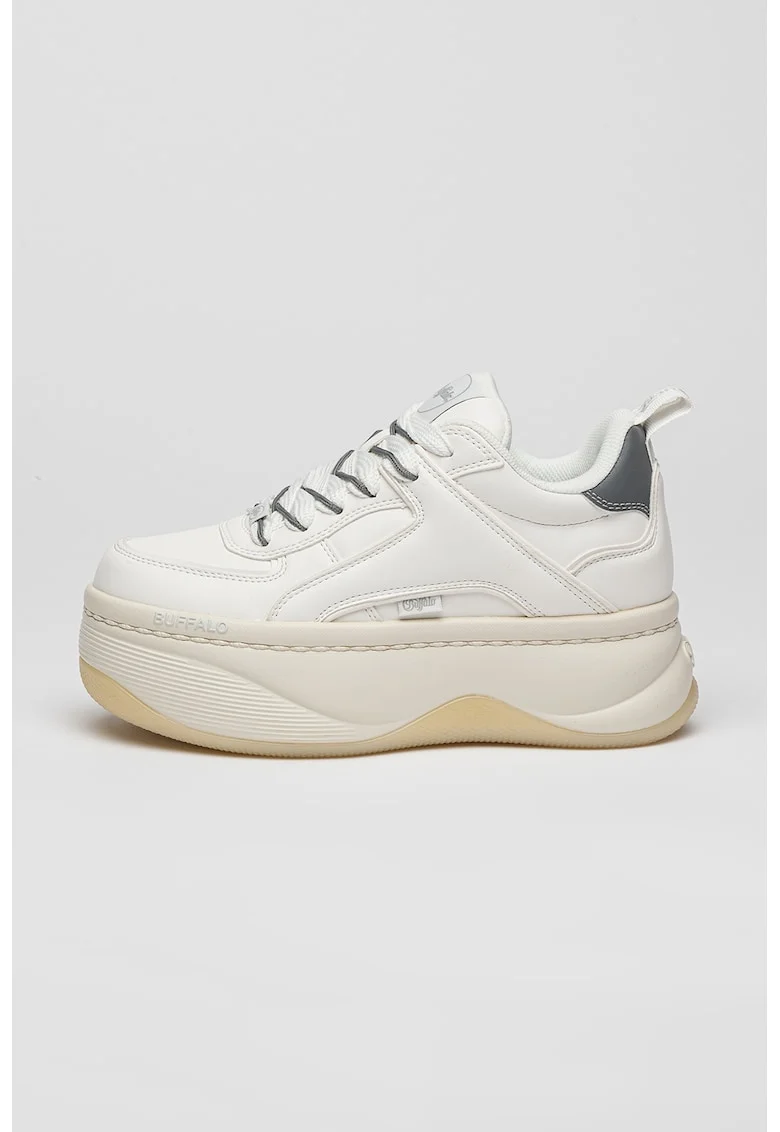 Pantofi sport flatform de piele ecologica, Gri/Alb murdar/Crem
