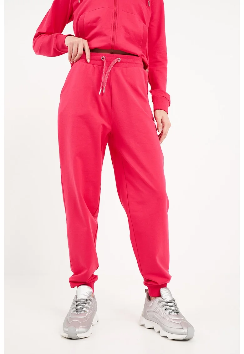 Pantaloni de trening cu croiala conica si talie inalta, Roz zmeuriu