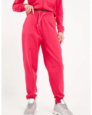 Pantaloni de trening cu croiala conica si talie inalta, Roz zmeuriu