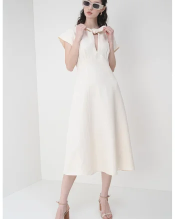 Rochie midi din amestec de lyocell si in, Galben pal