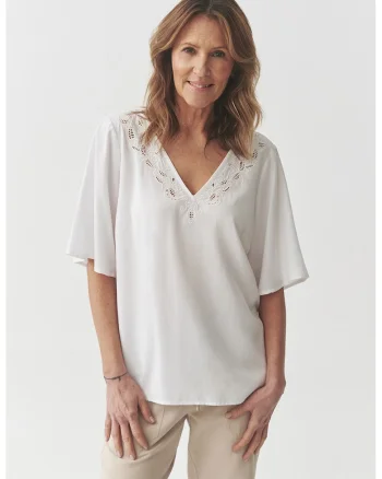 Bluza din lyocell cu maneci medi fluture, Alb optic