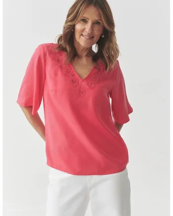 Bluza din lyocell cu maneci medi fluture, Rosu