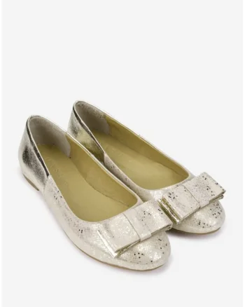 Balerini dama aurii din piele cu model si ornament funda