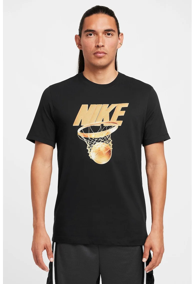 Tricou cu decolteu la baza gatului, logo in relief si imprimeu grafic, Negru/Galben
