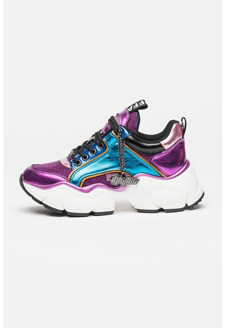 Pantofi sport demi-wedge de piele ecologica cu aspect colorblock, Violet/Alb murdar/Albastru