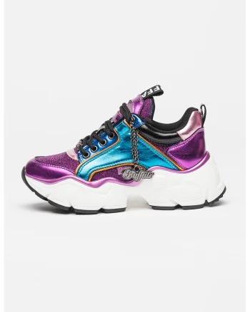 Pantofi sport demi-wedge de piele ecologica cu aspect colorblock, Violet/Alb murdar/Albastru