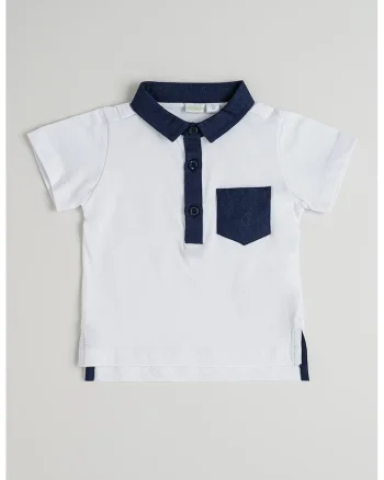 Tricou polo cu aplicatie pe piept, Alb optic/Bleumarin