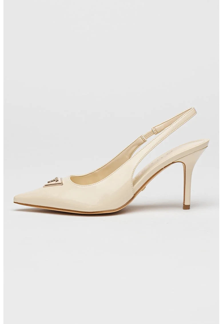 Pantofi slingback cu toc stiletto si aspect lacuit, Crem