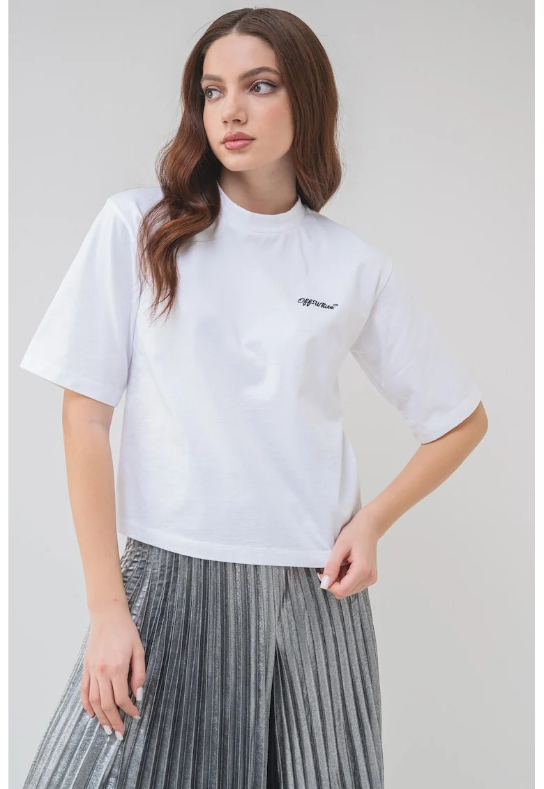Tricou cu text brodat si decolteu la baza gatului, Negru stins/Alb optic