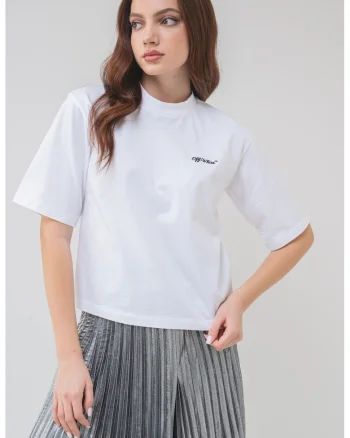 Tricou cu text brodat si decolteu la baza gatului, Negru stins/Alb optic
