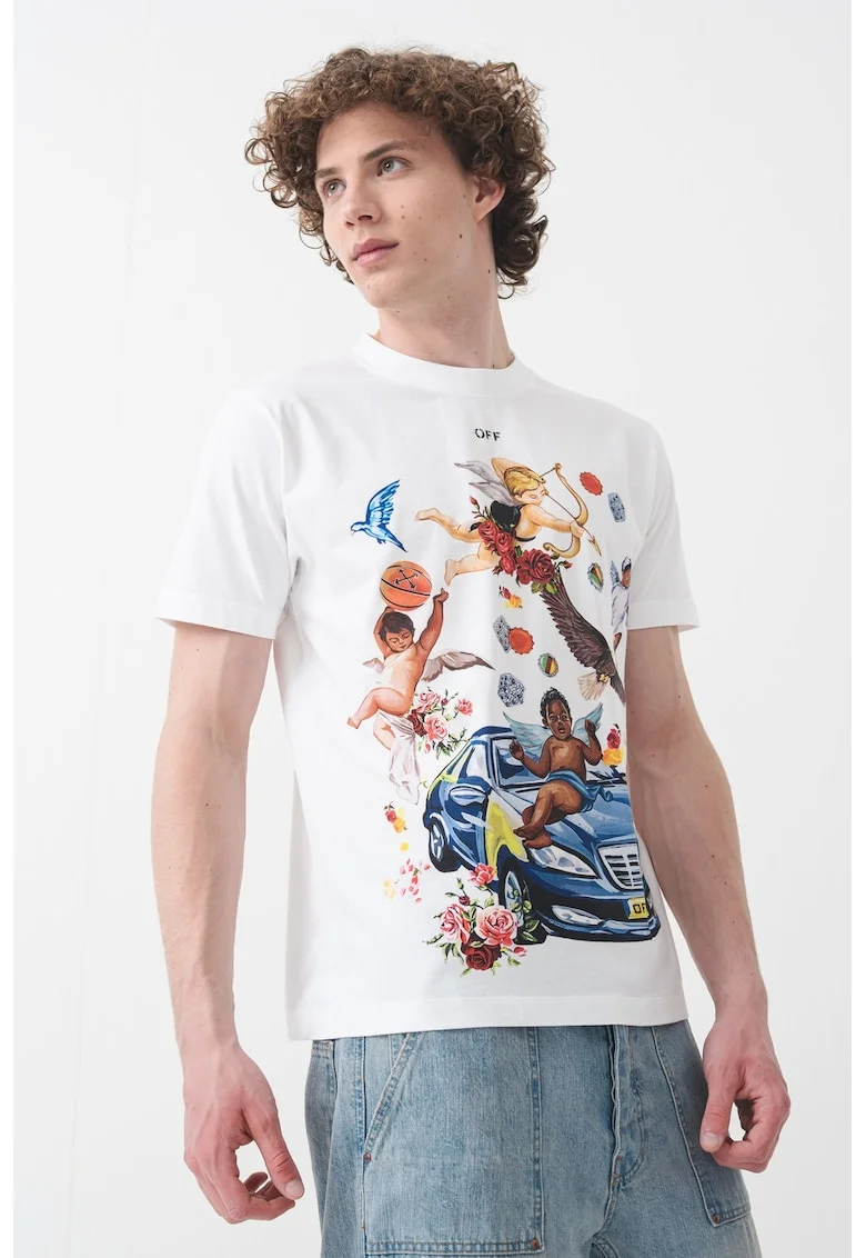 Tricou slim fit cu imprimeu grafic, Galben/Albastru inchis/Alb optic