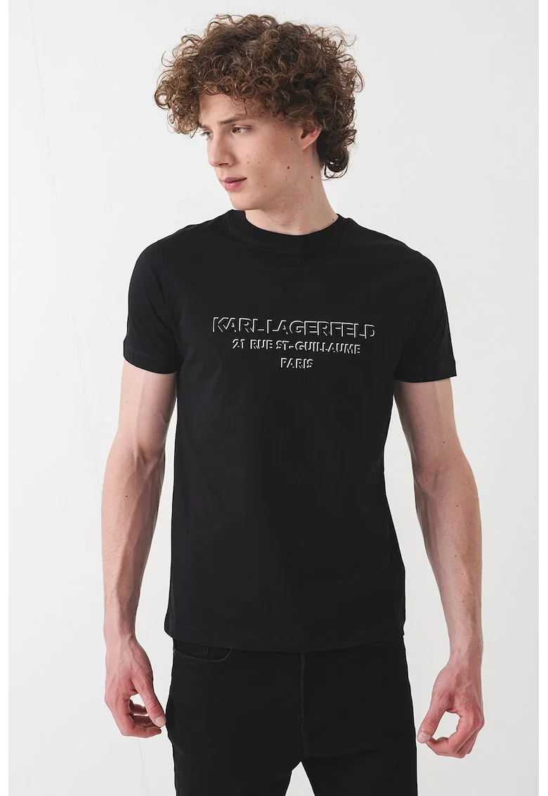 Tricou cu imprimeu logo si decolteu la baza gatului, Negru