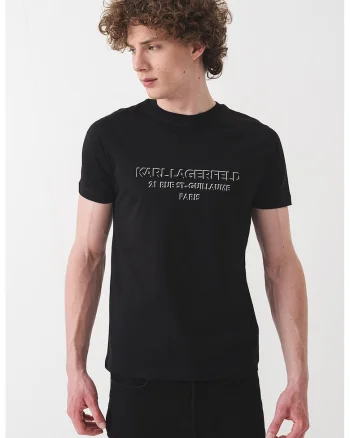 Tricou cu imprimeu logo si decolteu la baza gatului, Negru