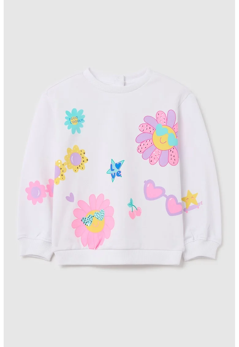 Bluza de trening cu model floral si paiete, Turcoaz/Alb murdar/Roz