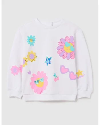 Bluza de trening cu model floral si paiete, Turcoaz/Alb murdar/Roz